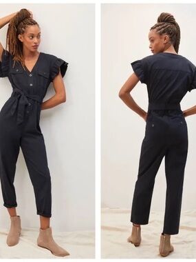 Anthropologie Tapeted Ruffle Black Short-Sleeve Tie-Waist Utility Jumpsuit